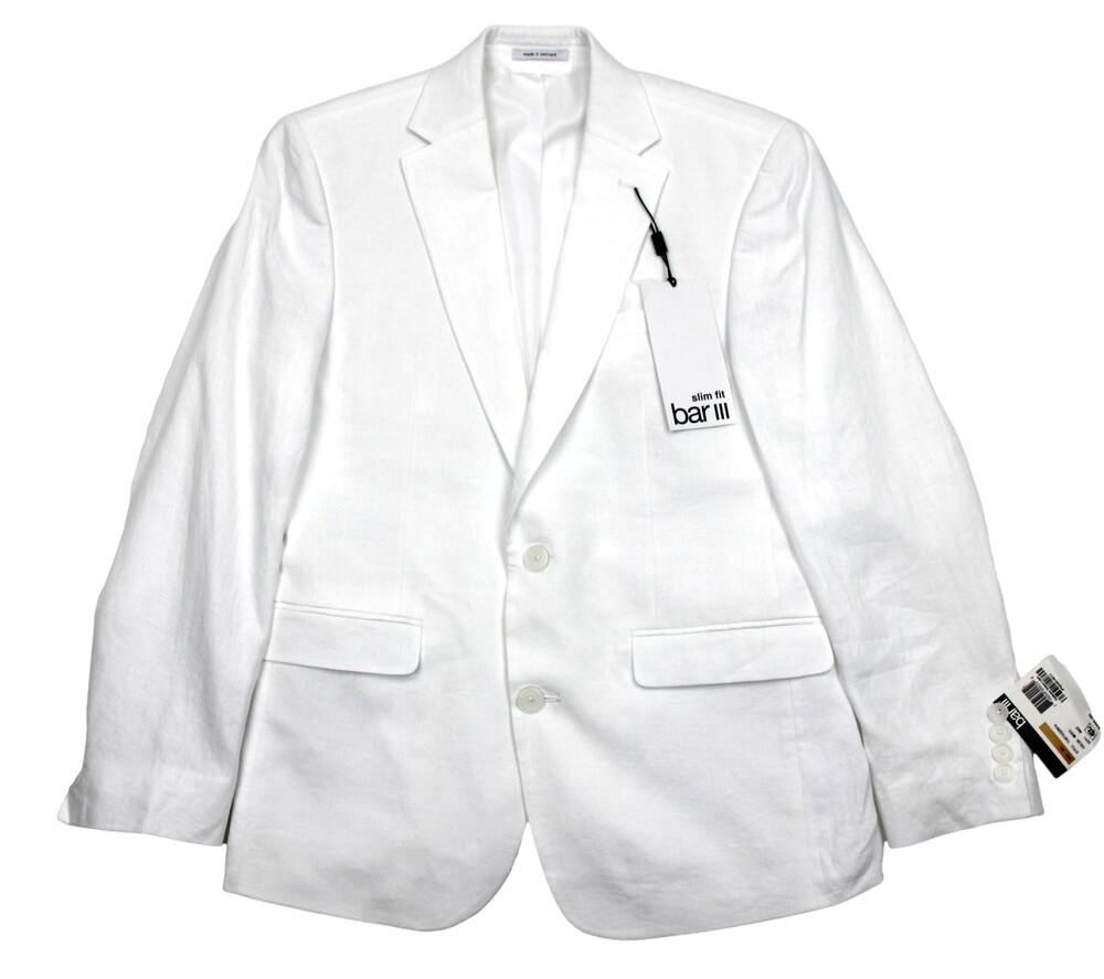 Bar III Blazer Mens 40 S White Slim Fit Linen Sport Coat Jacket Summer
